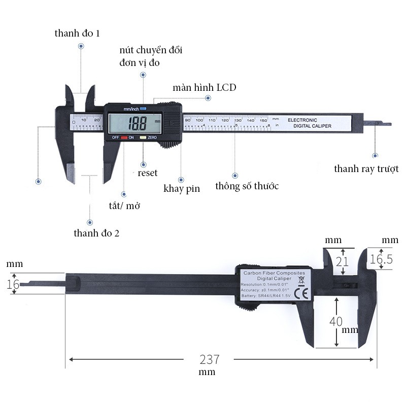 Thước đo Điện Tử sợi nhựa Carbon 150mm - Syntek