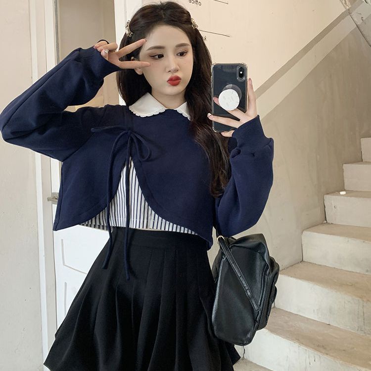 Set Áo Thun Dài Tay Cổ Bẻ + Áo Len Cộc Tay Cổ Bẻ Thời Trang Nữ