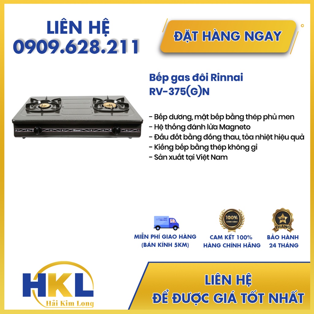 Bếp gas đôi mặt men Rinnai RV-375G(N),HÀNG CHÍNH HÃNG,MỚI 100%,BẢO HÀNH 2 NĂM