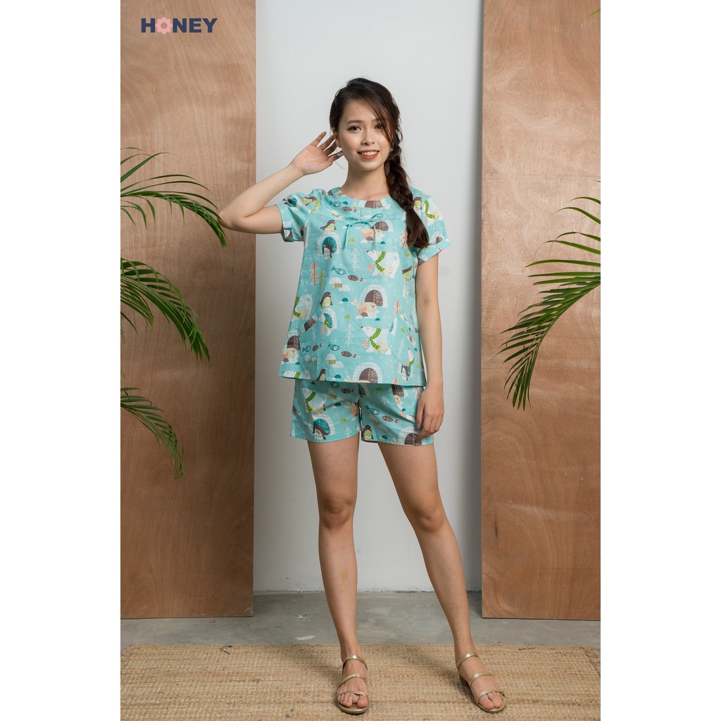 Bộ đồ ngủ pajama cộc tay mặc nhà, chất liệu thô hàn mềm mát, quần rút chun - Thời trang đầm bầu cao cấp HONEY