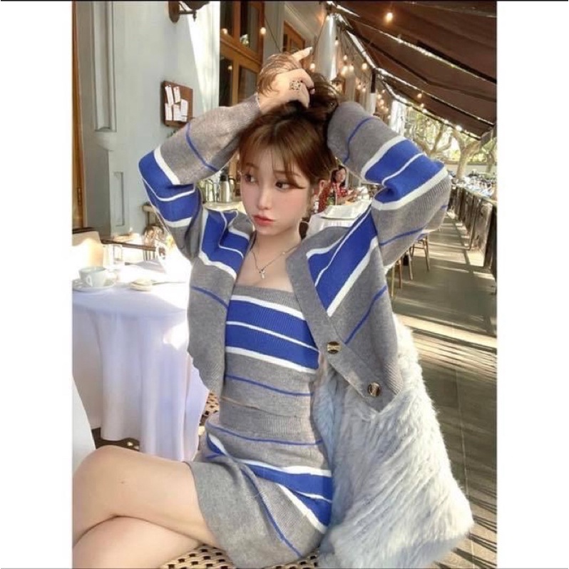 Set bộ len áo hai dây kiểu croptop sọc ngang và chân váy ngắn ôm sát body kèm áo khoác ngoài Cardigan - Order taobao
