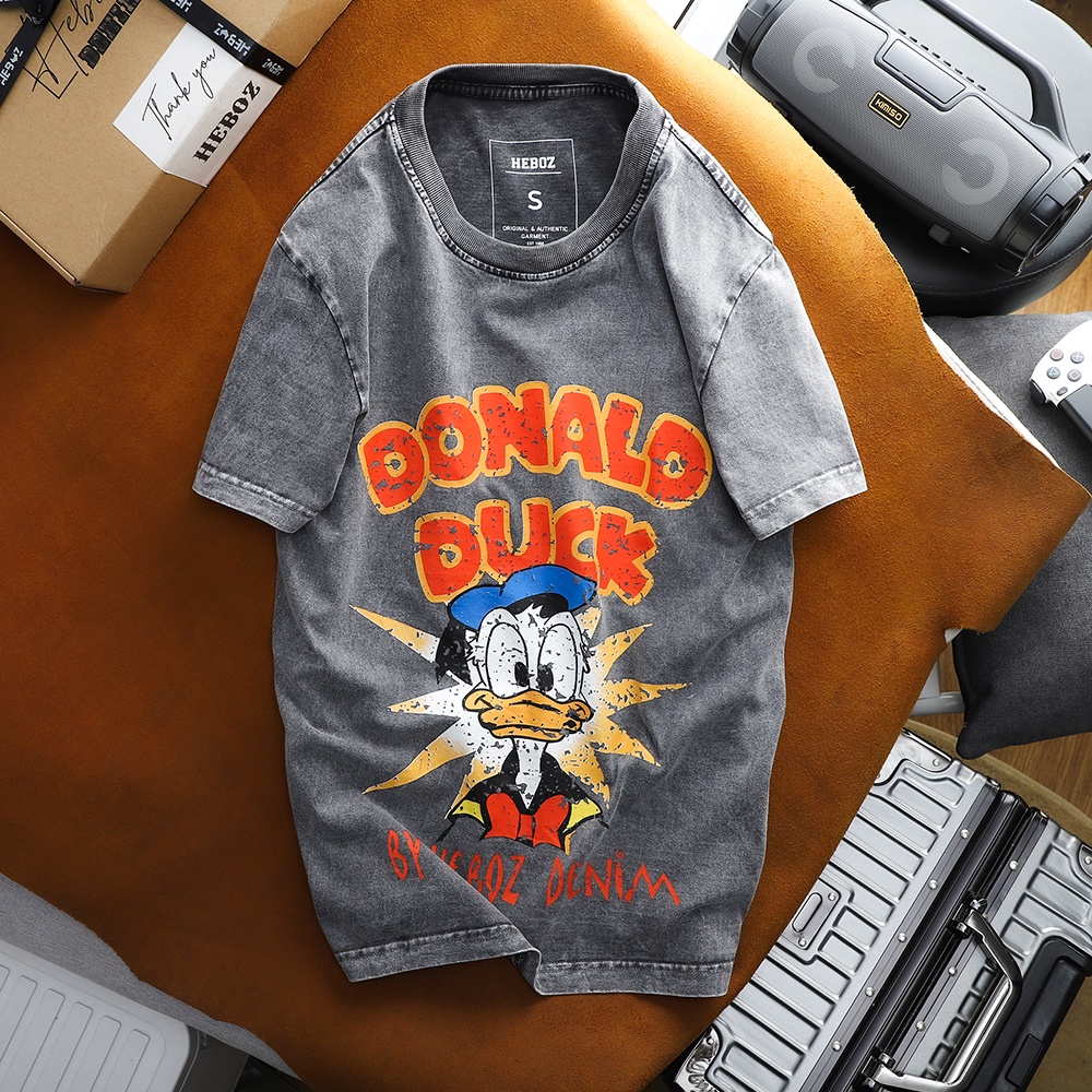 Áo thun nam cổ tròn HEBOZ wash acid Do.nald vải cotton dày dặn, in hình cao cấp 2M - 00001232