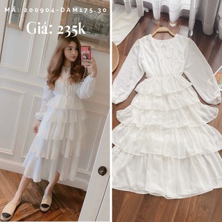 [200904-DAM175.30] ĐẦM SUÔNG XẾP TẦNG TAY DÀI TRẮNG