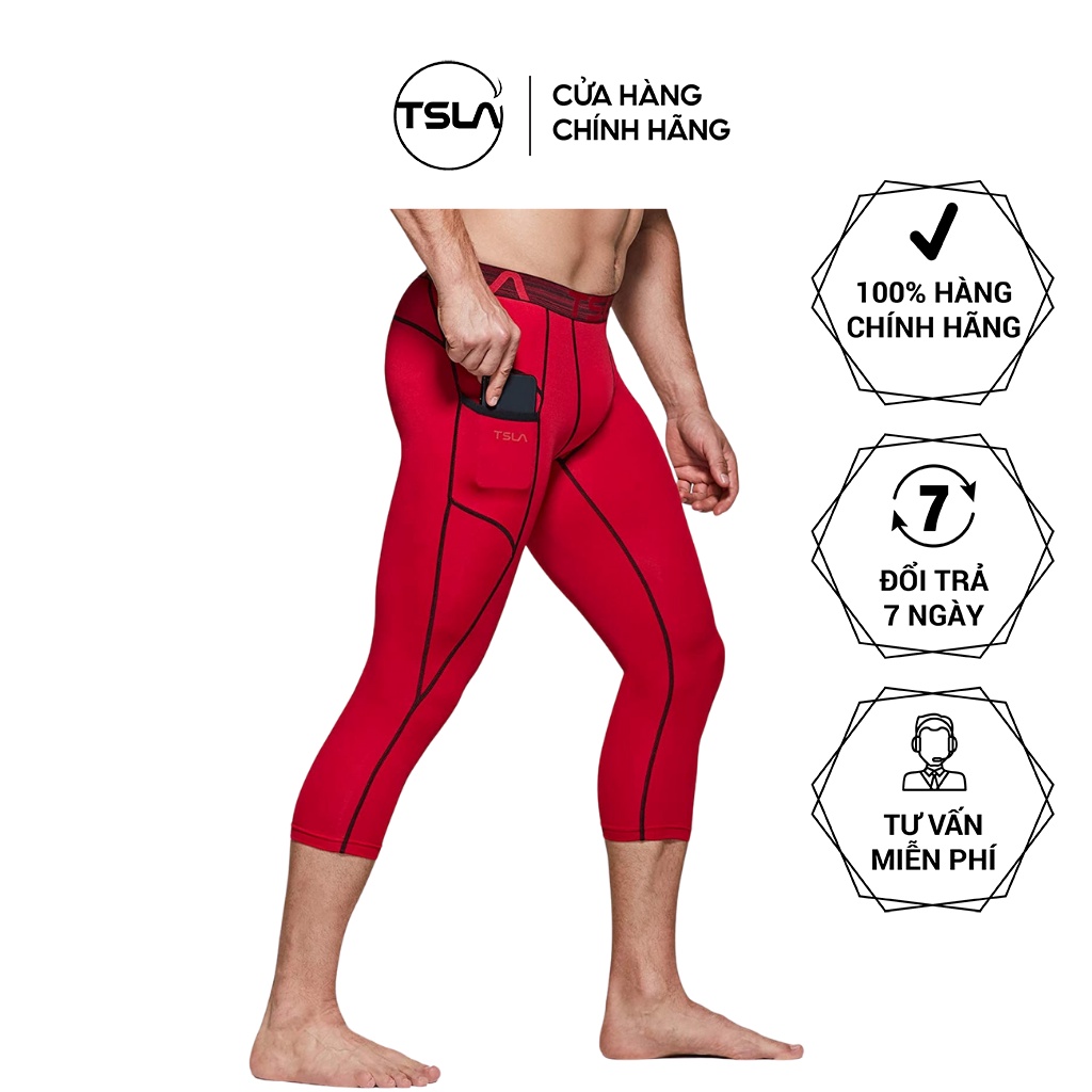 Quần thể thao nam combat bó cơ thể TSLA legging lửng 3/4 có túi thoáng mát kháng khuẩn chống UV tập gym đá bóng bơi