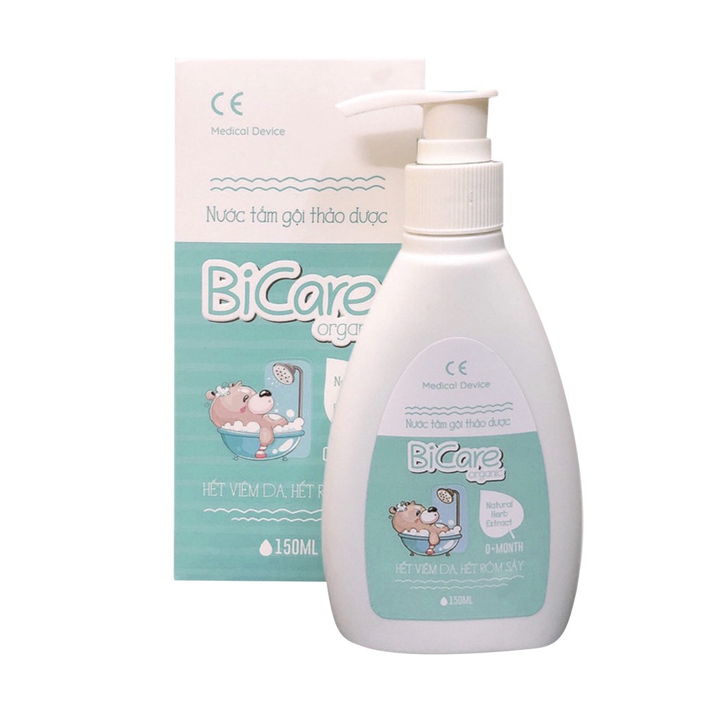 Nước tắm gội thảo dược Bicare Organic hết rôm sảy, hăm da, mẩn ngứa chai 150ml