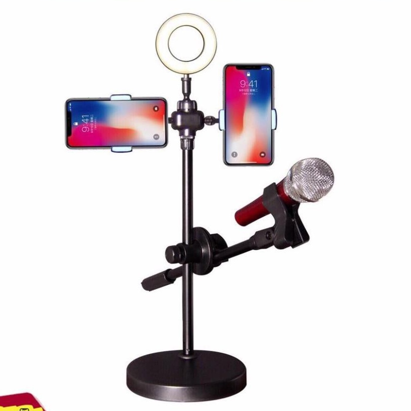 Đèn livestream 4in1 để bàn có chân đỡ micro livestream 2 kẹp điện thoại - bộ giá đỡ điện thoại livestream 4in1