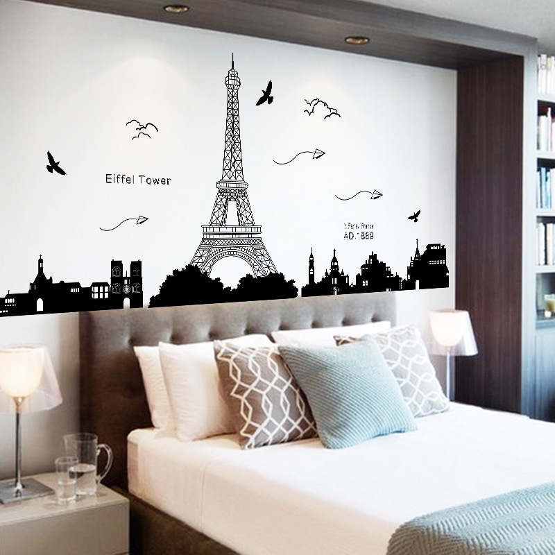 Tranh dán tường 3D Phong cảnh Paris KT 185x70cm, Decal trang trí phòng, Miếng dán trang trí phòng khách