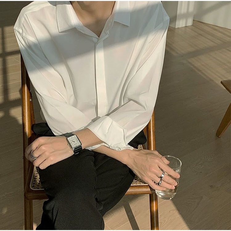 Áo sơ mi nam nữ tay dài giấu khuy form rộng vải lụa cao cấp UNICI AS02 phong cách Hàn Quốc | BigBuy360 - bigbuy360.vn