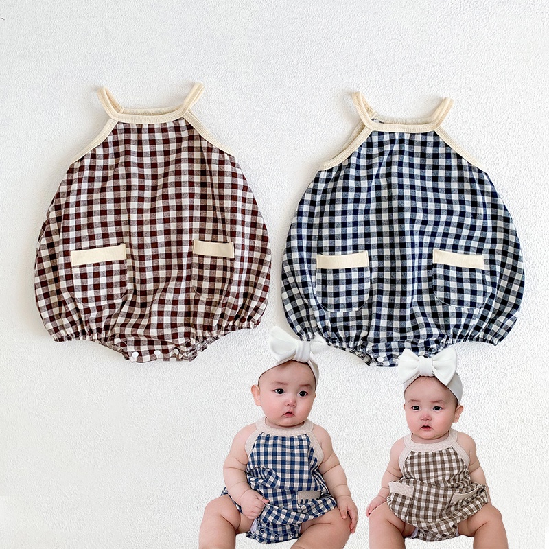 Bộ Áo Liền Quần Hai Dây Họa Tiết Sọc Caro Thời Trang Mùa Hè Cho Bé Sơ