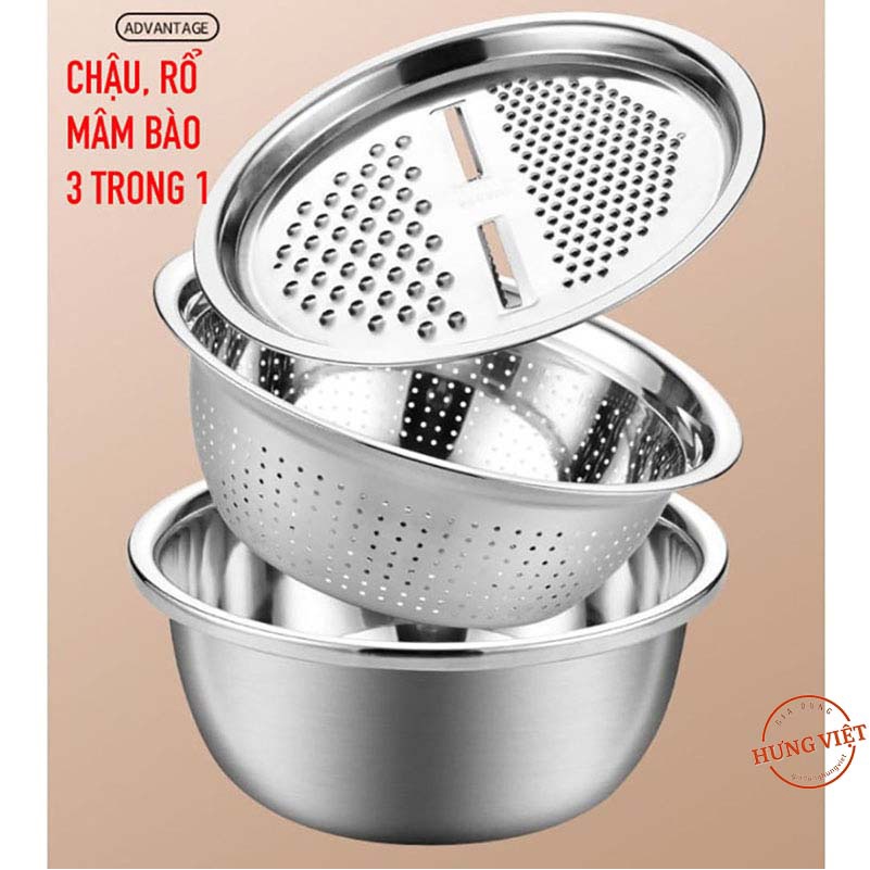 Bộ rổ và chậu inox kèm mâm nạo, bào và gọt vỏ rau, củ, quả 3 trong 1 (3 in 1, 3 chi tiết) đa năng, tiện dụng, tiết kiệm