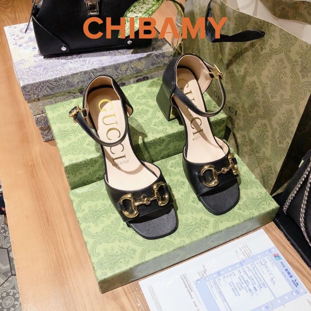 Sandal cao gót nữ GuC chất da mềm CHIBAMY, dép quai hậu nữ gót vuông cao 7cm