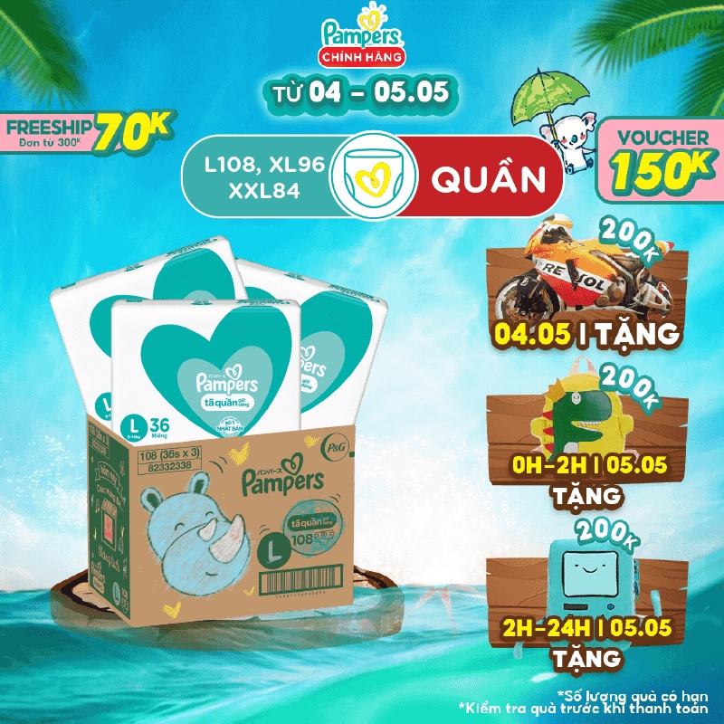 Thùng Tối Ưu Phí Vận Chuyển 3 Gói Tã Quần PAMPERS Giữ Dáng Pampers L108/XL96/XXL84