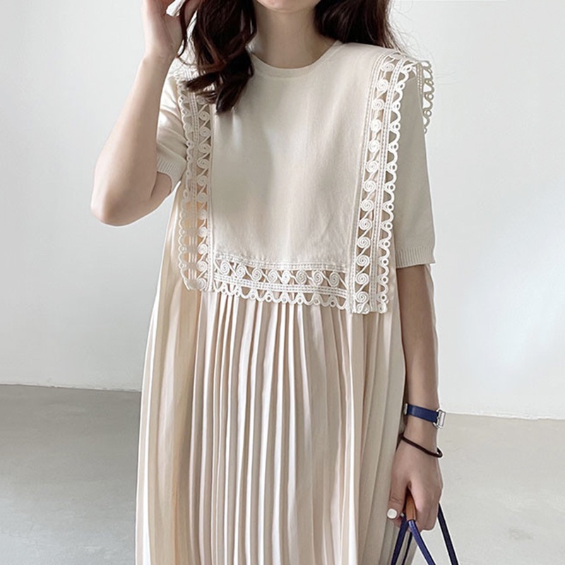 (ORDER) Váy cộc tay phối ren đục lỗ xòe dài xếp ly sang trọng tiểu thư Hàn Quốc