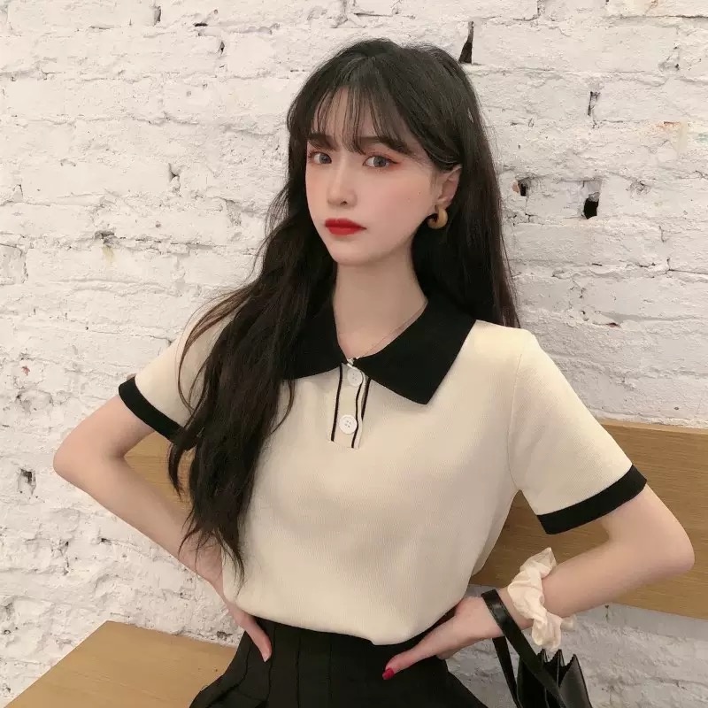 MS673 Áo polo nữ len dệt kim cổ bẻ phối màu 2 cúc
