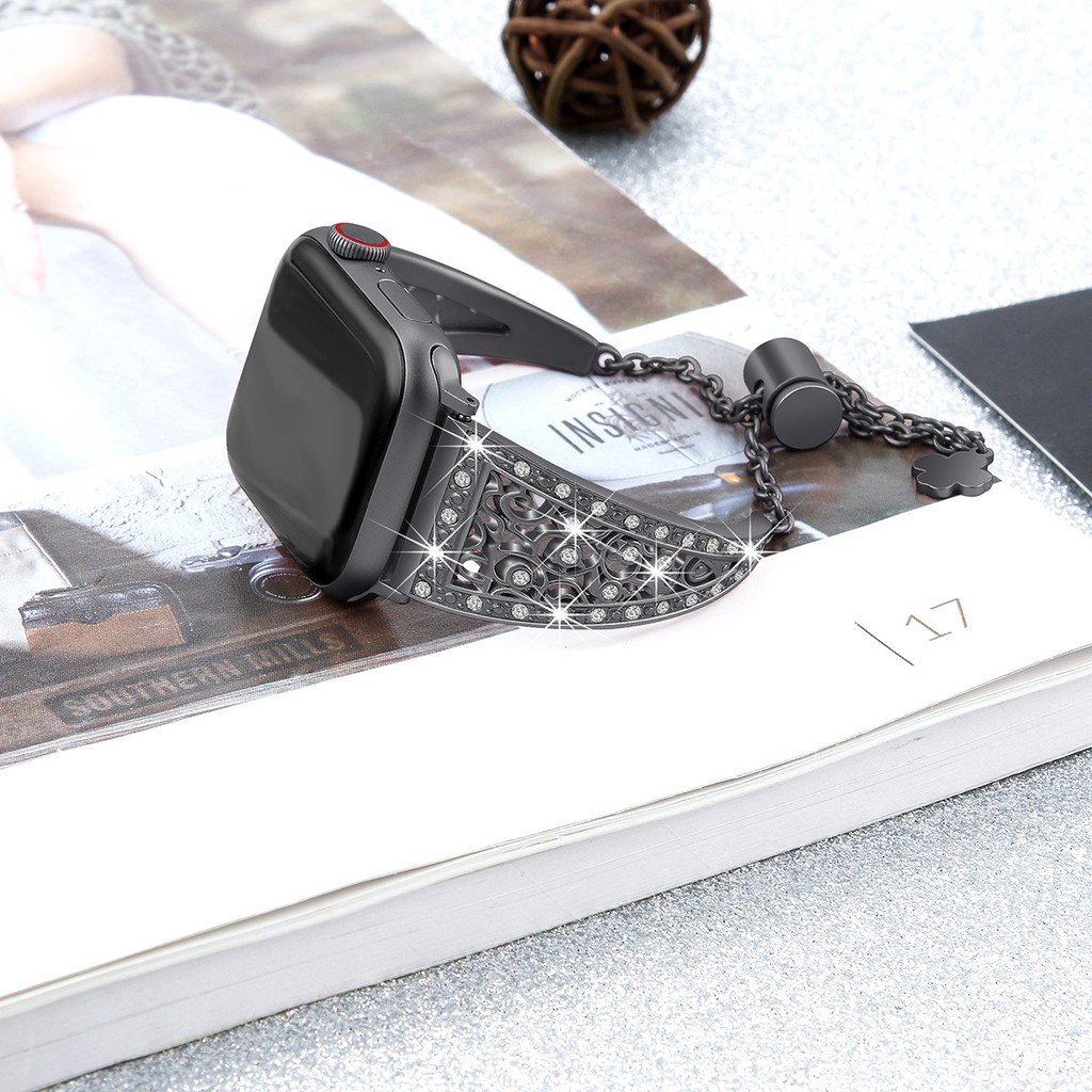 Dây đeo làm từ kim loại thép không gỉ đính đá cho Apple watch 7 41mm 45mm 38mm 40mm 42mm 44mm seri 7 6 se 5 4 3 2 1