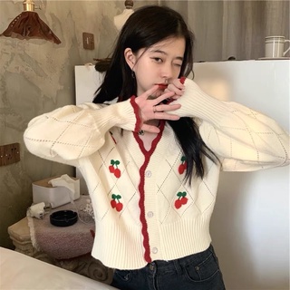 Áo khoác len cardigan mùa đông vân trám - viền áo zic zắc mix quả cherry xinh iu