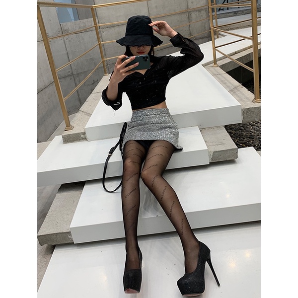 Quần Tất Siêu Mỏng Xuyên Thấu In Chữ Phong Cách Vintage Gợi Cảm Cho Nữ
