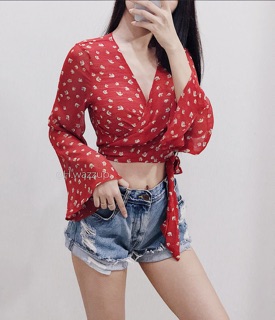 (Có sẵn-Hình thật của shop)  Áo croptop voan vạt chéo
