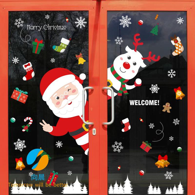 Sticker hình ông già Noel và tuần lộc và bông tuyết tạo không khí và khung cảnh Giáng Sinh trang trí cửa kính cửa hàng