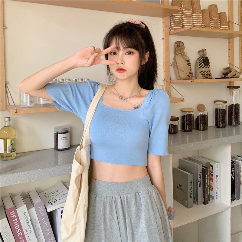 [Order] Áo croptop len tăm màu hè dáng ôm body cổ vuông tay lỡ ulzzang