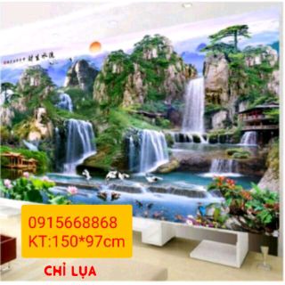 Tranh thêu chữ thập Phong cảnh lưu thủy sinh tài Chỉ Lụa kt 150*97cm
