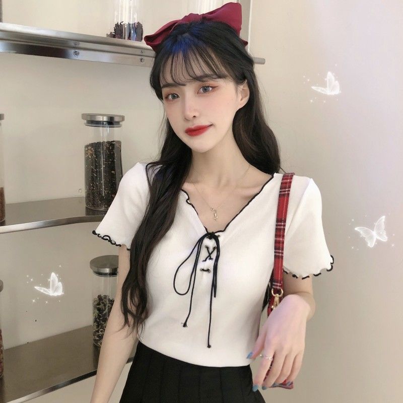 Áo nữ BH dệt kim tay ngắn phối dây thời trang