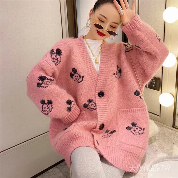 Áo Khoác Cardigan Dệt Kim Dày Dáng Rộng Họa Tiết Chuột Mickey Thời Trang Mùa Xuân Năm 2021