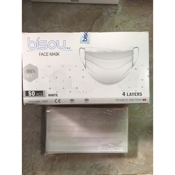 Hộp 50 cái khẩu trang y tế 4 lớp Bisou hai màu trắng xám loại xịn dày dặn