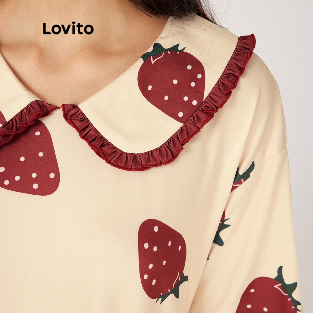 Đầm ngủ Lovito cổ búp bê in họa tiết dâu tây phong cách dễ thương L23AD124 (màu trắng ngà)