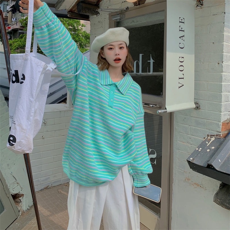 Áo Sweater dệt kim dáng rộng màu sắc trẻ trung cho nữ