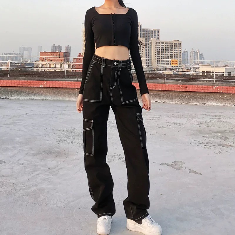 Quần jeans dài cạp cao. quần jeans ống rộng phong cách Hiphop_j23