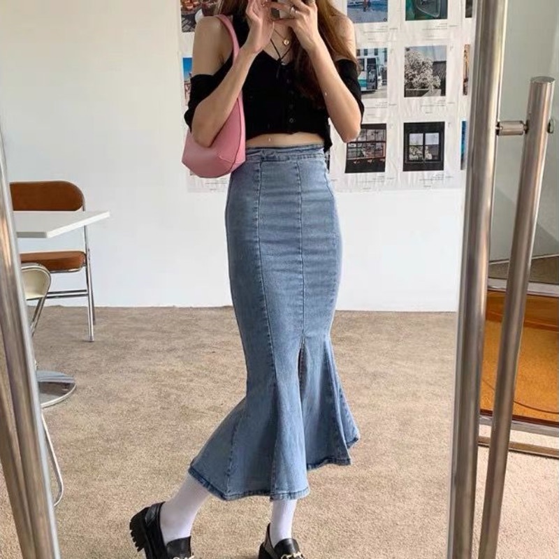 Chân váy jean Dài Xẻ Tà Thiết Kế Mới Thời Trang Mùa Thu Dành Cho Nữ