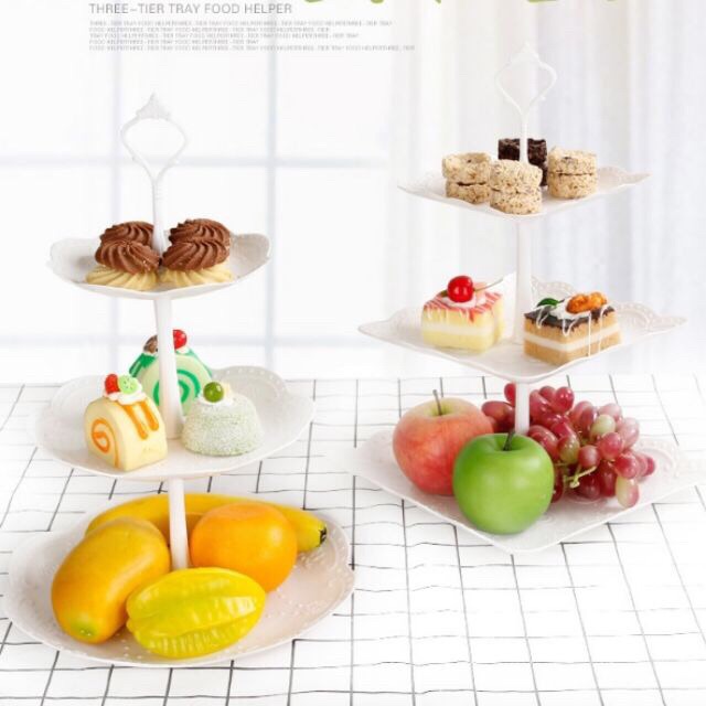 Khay bánh cupcake 3 tầng trang trí sinh nhật, kệ đựng bánh kẹo, hoa quả (nhựa vuông / tròn)