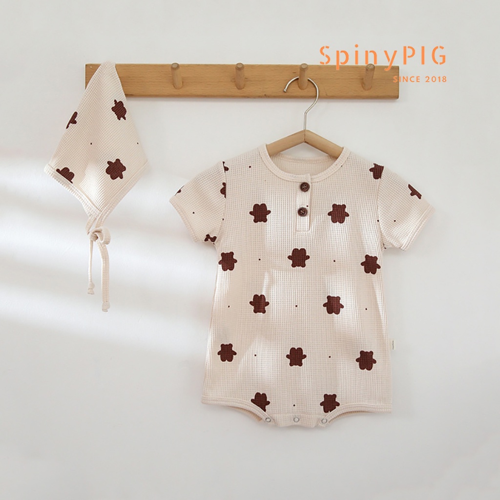 Bộ body cho bé 0-2 tuổi kèm mũ style Hàn Quốc dệt kim hoạ tiết gấu cộc tay dành cho hè thu