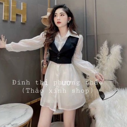 Sét áo khoác vest sát nách cột nơ +áo sơ mi phôm dài