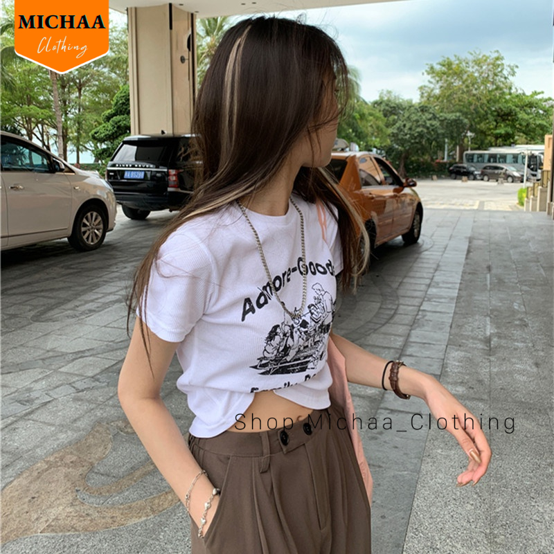 Áo Croptop Ôm Body Nữ ADMORE-GOODE Cổ Tròn Tay Ngắn, Áo Thun Croptop Kiểu In Họa Tiết - MICHAA CR90