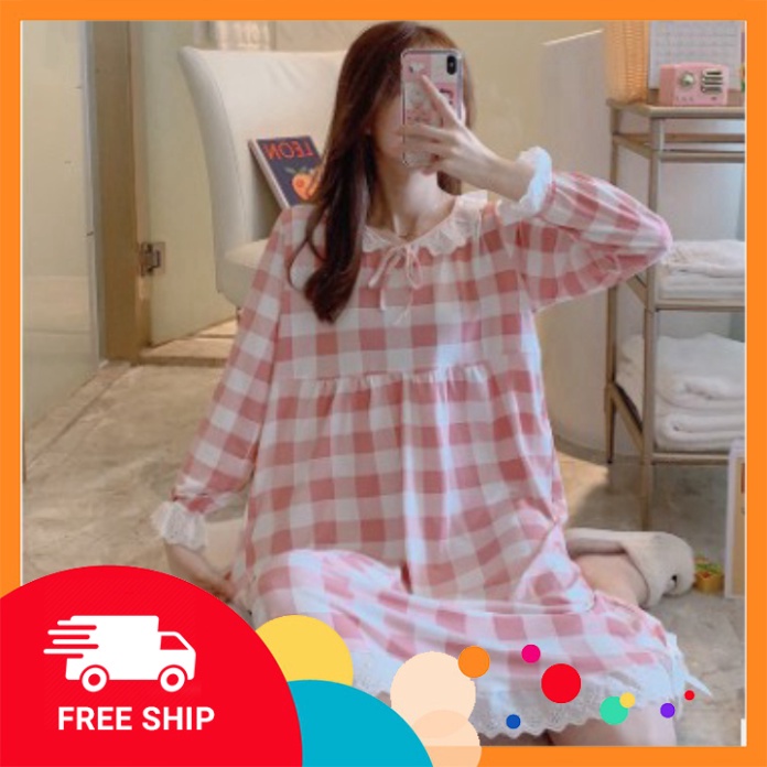 Váy Ngủ ✨FREESHIP✨ Đầm Ngủ Nữ Dài Tay Mùa Thu Đông Họa Tiết Kẻ Sọc Béo Gầy Bầu Bí Sau Sinh Mặc Đẹp