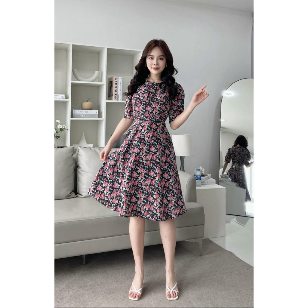 Đầm xòe hoa S&M cổ phối bèo thắt nơ cực xinh, có túi, giá rẻ - GR0231