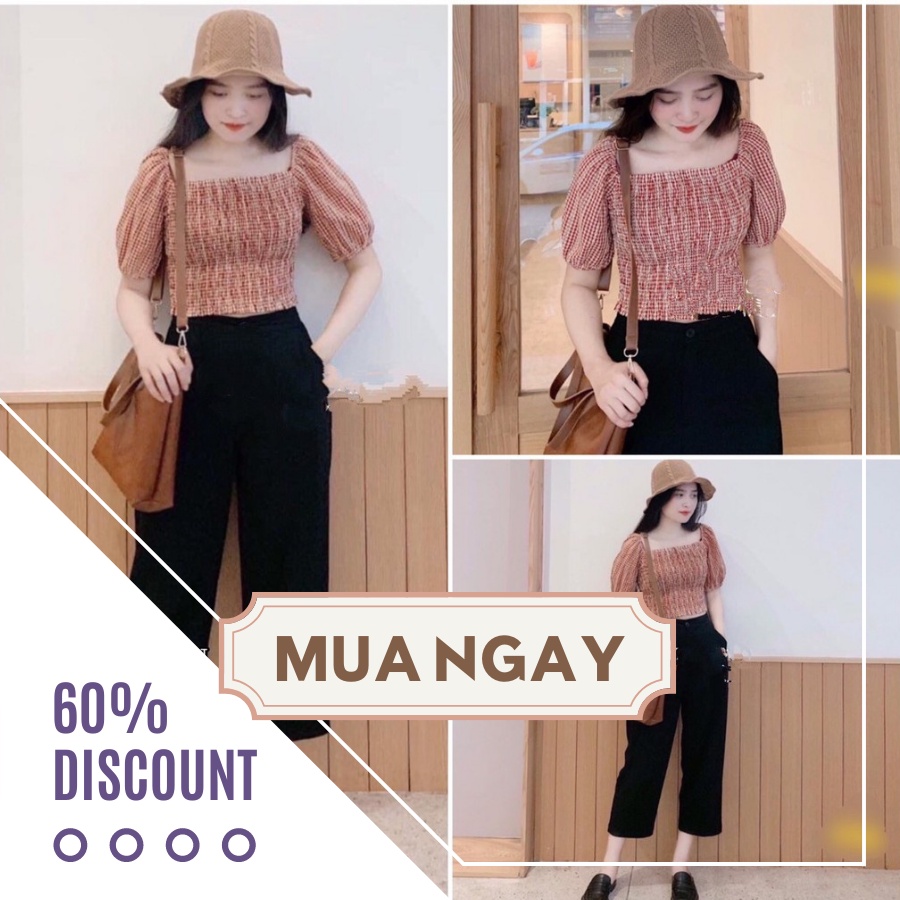 SET ÁO KẺ ĐỎ THỔ CẨM CHUN NGỰC TAY BỒNG MIX QUẦN CULLOTES ĐEN BAY SUÔNG LỠ