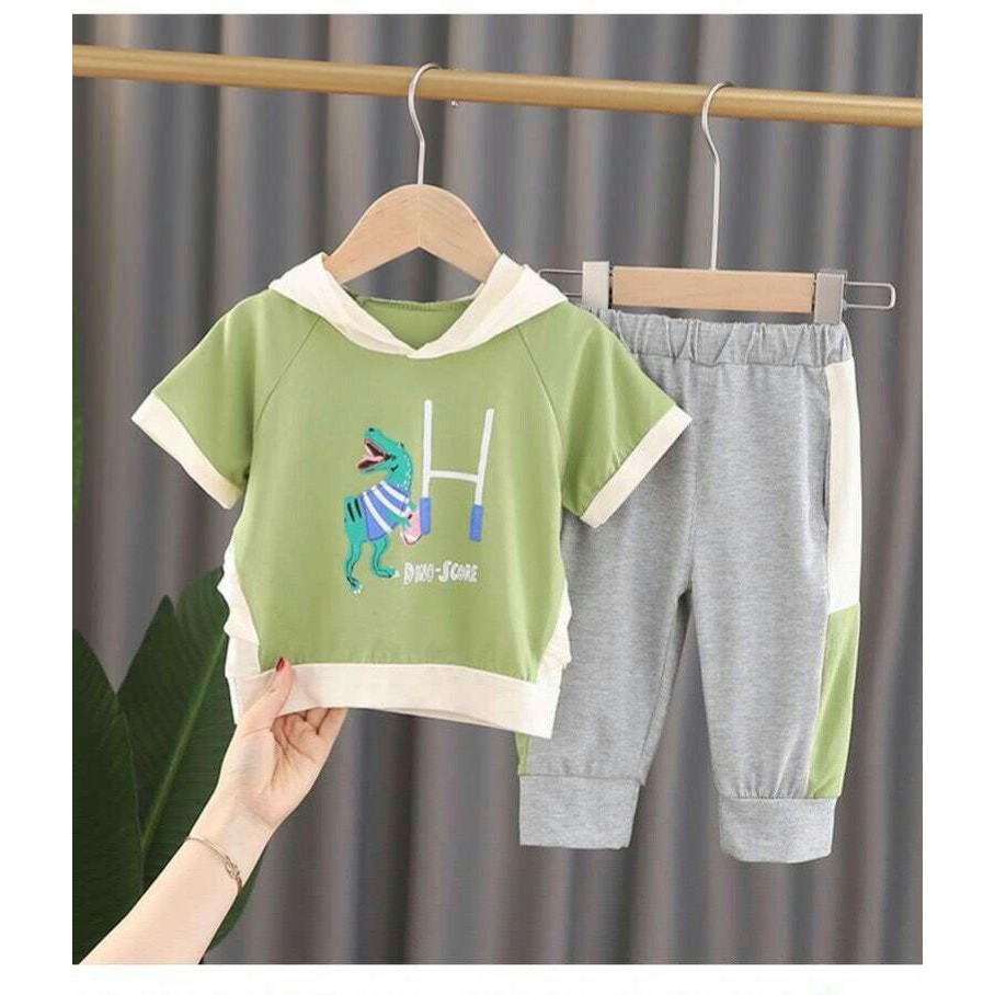 SIZE 1-14 (13-36KG) ĐỒ BỘ BÉ TRAI ÁO TAY NGẮN KIỂU HOODIES QUẦN DÀI THUN COTTON HIỆU PETIT IN HÌNH KHỦNG LONG