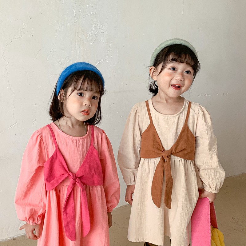 Đầm Công Chúa Tay Dài Giả Hai Lớp Bằng Cotton Và Vải Lanh Màu Sắc Tương Phản Phong Cách Hàn Quốc Dành Cho Bé Gái