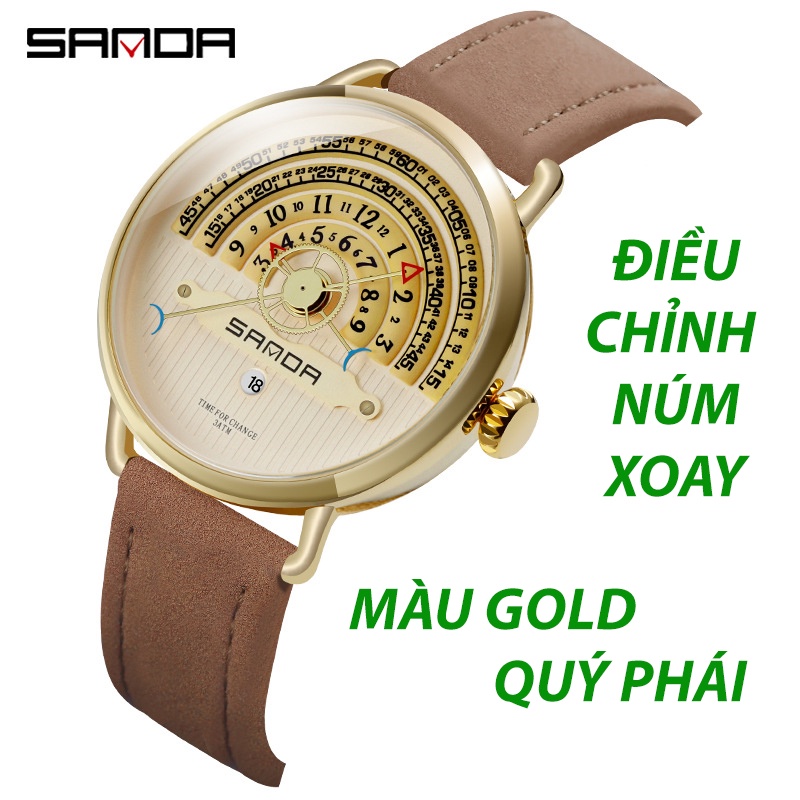 Đồng hồ nam Sanda mặt tròn quý phái kim xương cá mặt kính sapphire dây da bò thật tặng bật lửa zippo gold plated genuine