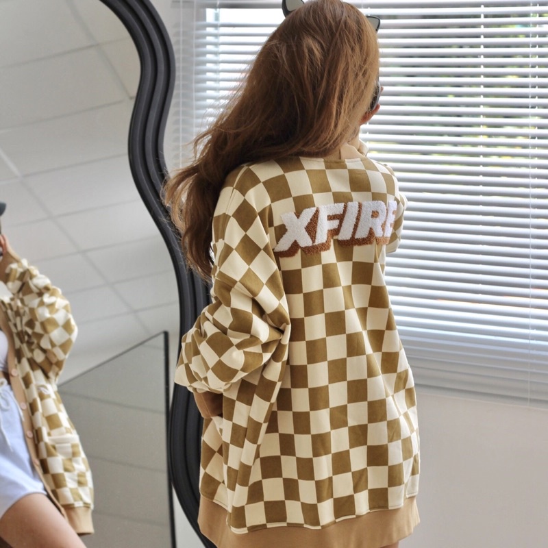Áo Khoác Nam Nữ Cardigan Màu Caro Nâu Kem Thêu Logo Chất Nỉ Oversized Thương Hiệu Xfire CARD-CARNI-BC622
