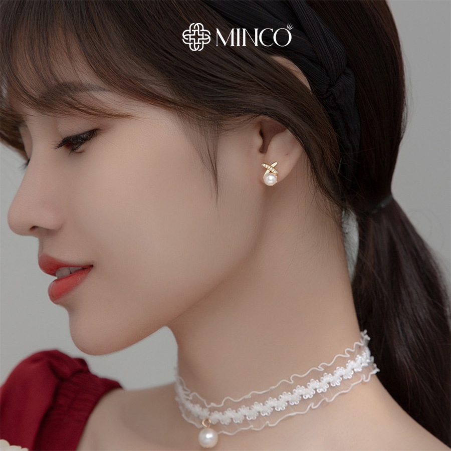 Bông tai nữ Minco Accessories ngọc trai nhân tạo mix chữ X đính đá phụ kiện Hàn Quốc phong cách đẹp sang chảnh BT05