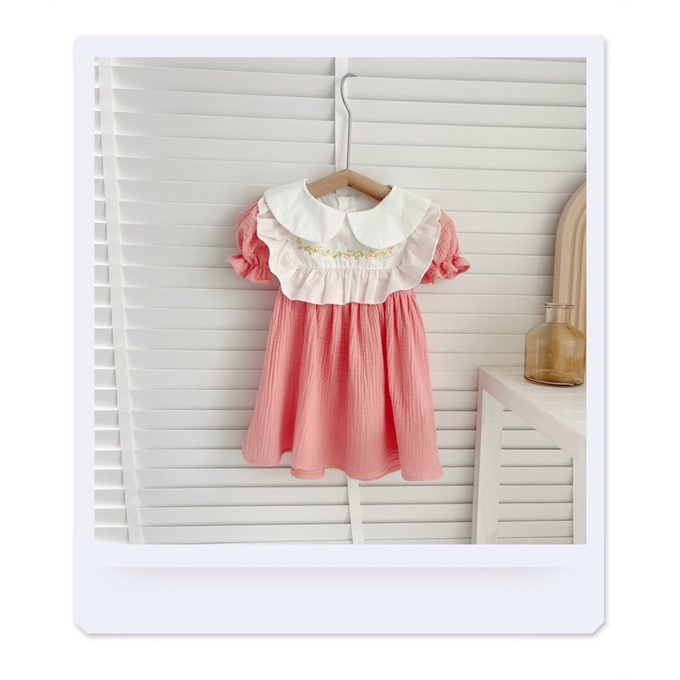 Váy hè cộc tay chất xô phối thêu ngực-chất mát thấm mồ hôi cho bé gái 8-19kg