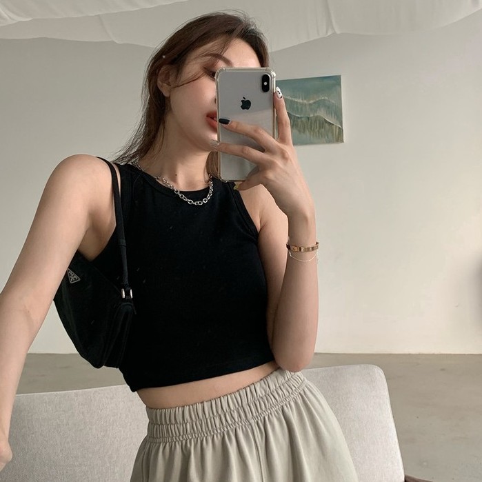 Áo croptop không tay cổ tròn ôm dáng dệt kim thời trang | BigBuy360 - bigbuy360.vn