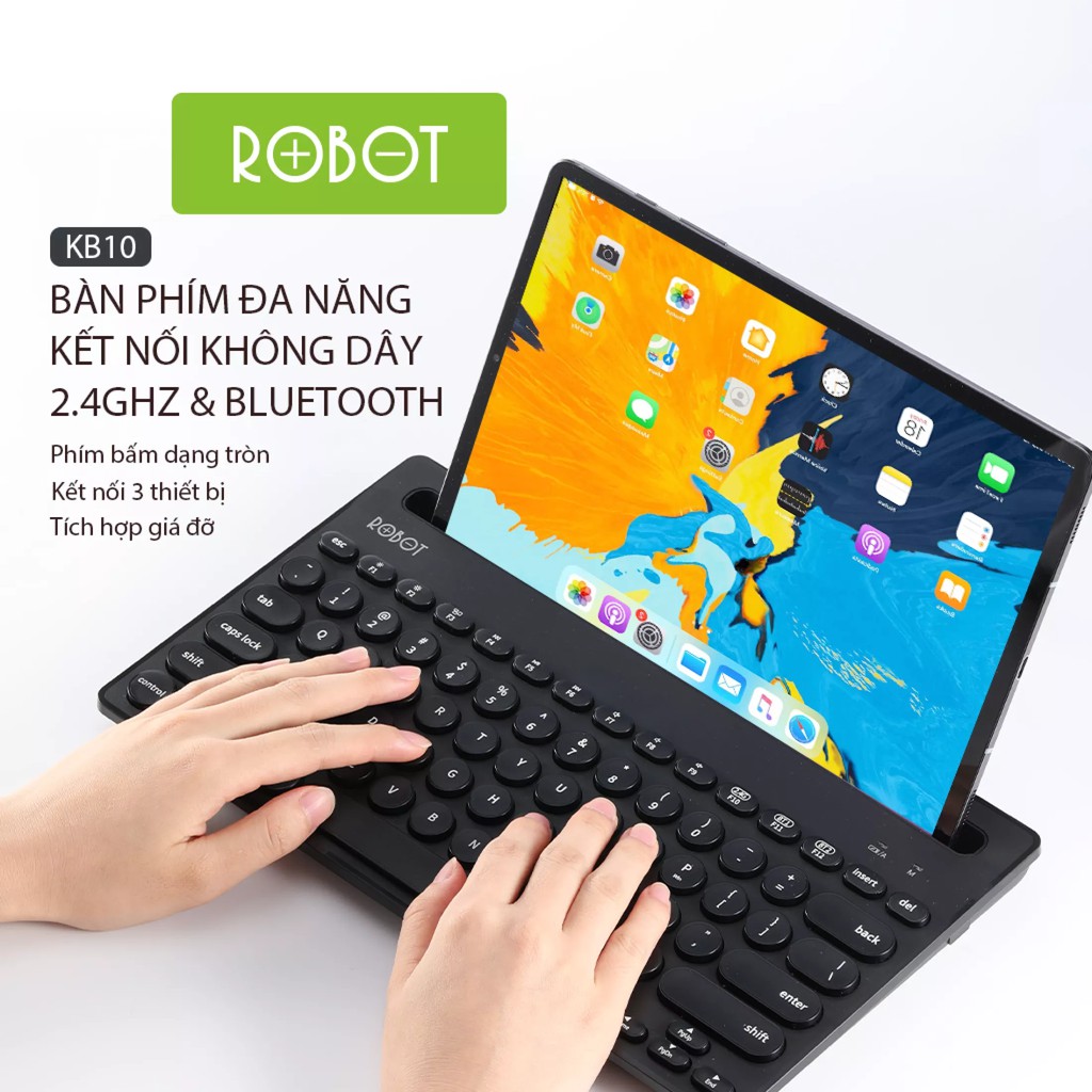 Bàn Phím Không Dây Bluetooth Robot KB10 - Dùng cho Điện thoại, Máy tính bảng, PC, Laptop - Kết nối cùng lúc 3 thiết bị