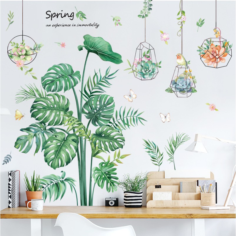 Decal tranh dán tường trang trí decor phòng ngủ cho bé như Hàn Quốc, tấm giấy sticker hình lá cây xanh