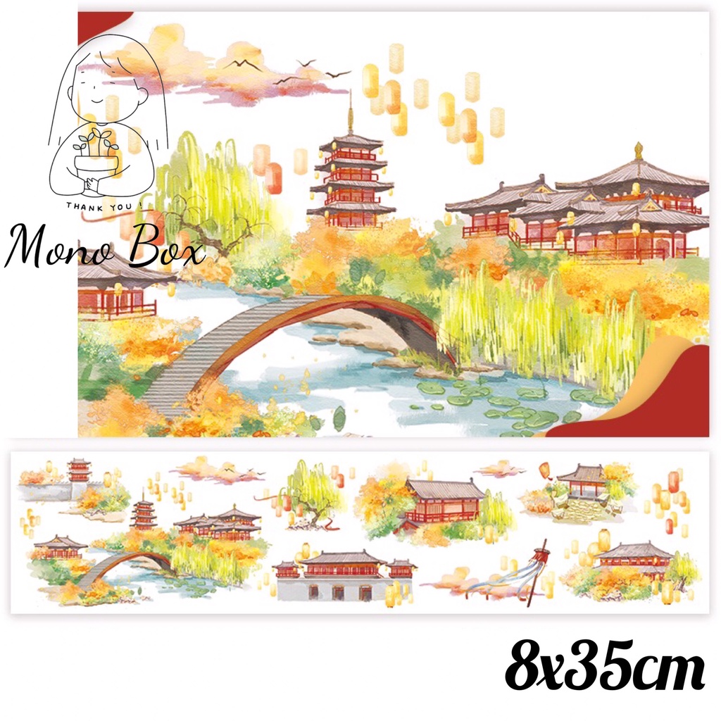 [Chiết] Washi tape 8x35cm chủ đề cổ phong cảnh vật kinh thành làm tranh washi Mono_box
