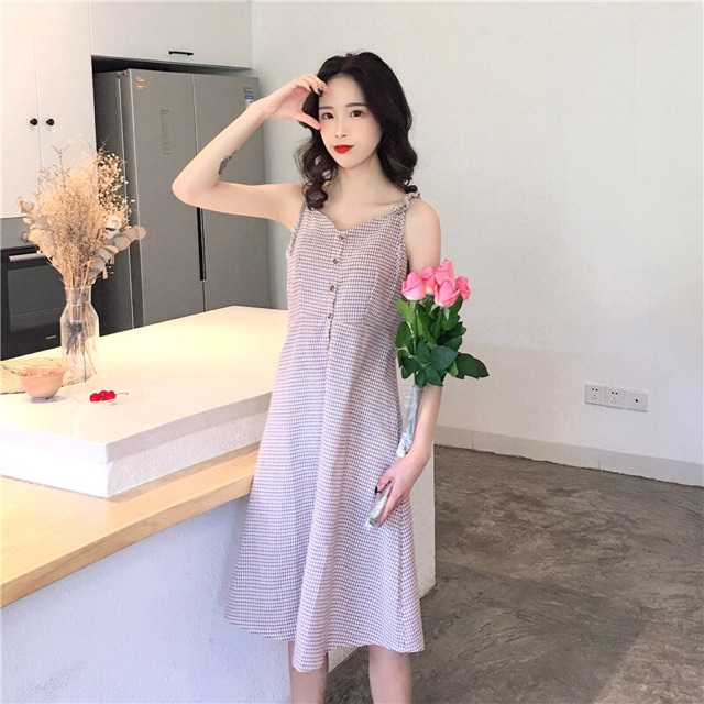 [ Sẵn Đỏ S,M+ Trắng L]Váy thô hai dây kẻ caro Ulzzang ( Có ảnh thật )